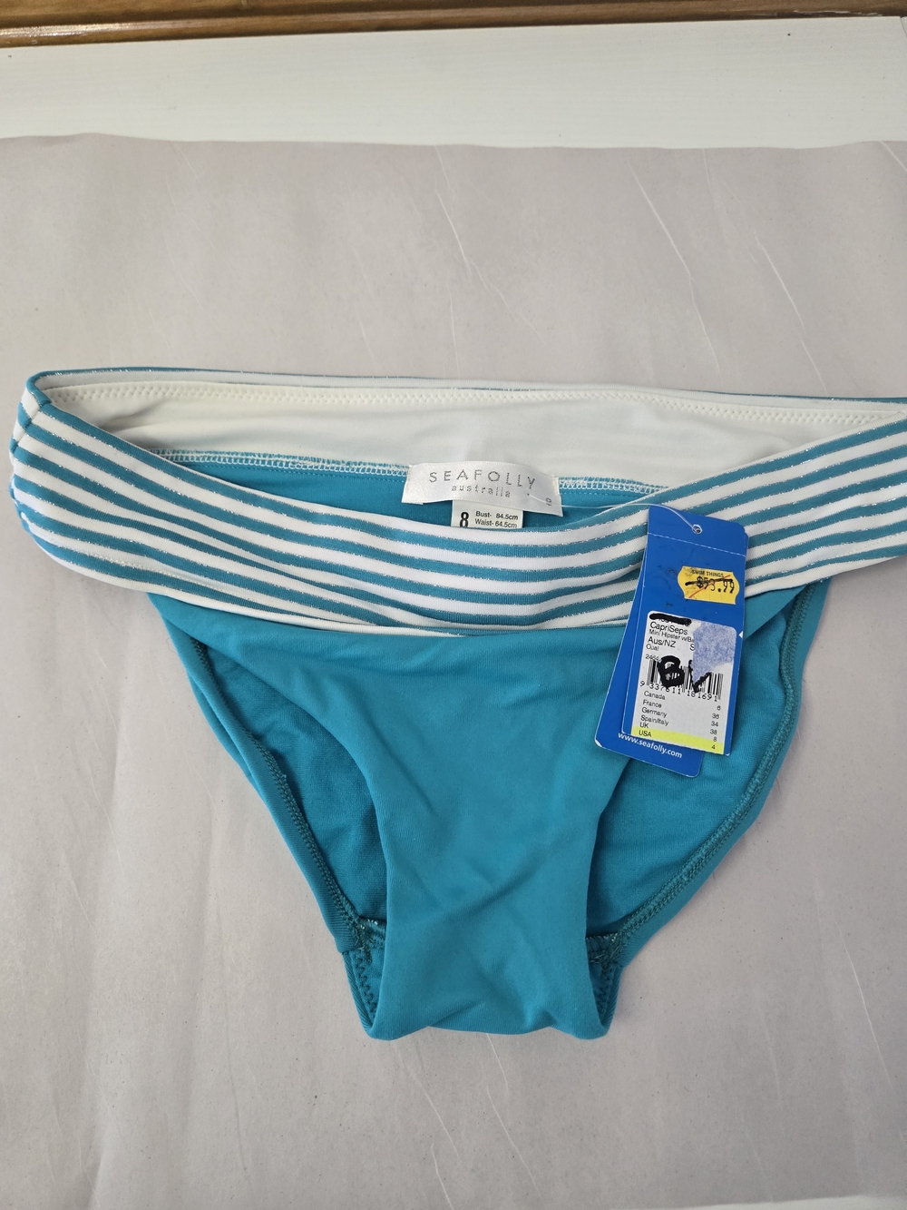 Seafolly Teal Stripe Fold-Over Bikini Bottom